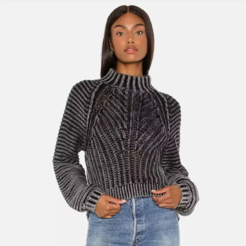 FREE PEOPLE SWEETHEART RIBBED PULLOVER CHUNKY SWEATER BLACK SIZE S